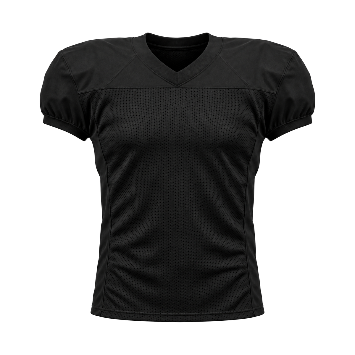 Black American Football Jersey — front studio view with knitted mesh and tonal panel seams, transparent background