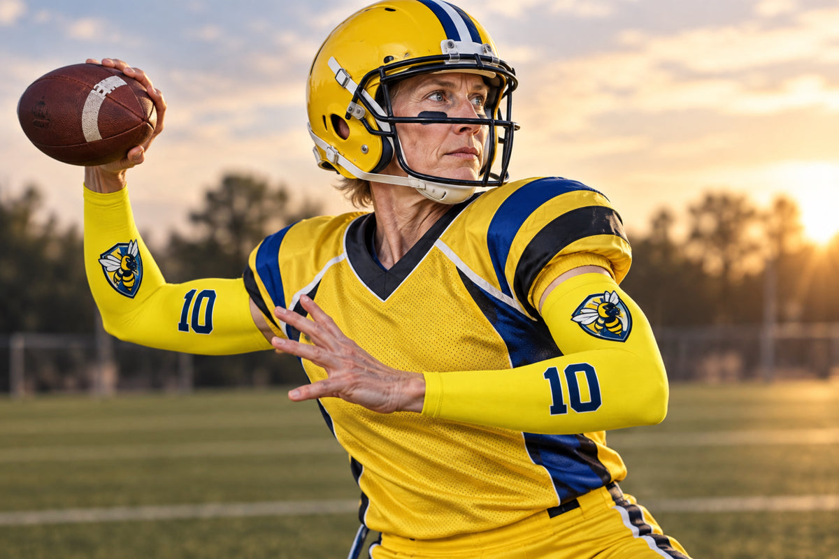 Quarterback stepping into a throw in Bright Yellow custom arm sleeves with a bee crest and number 10