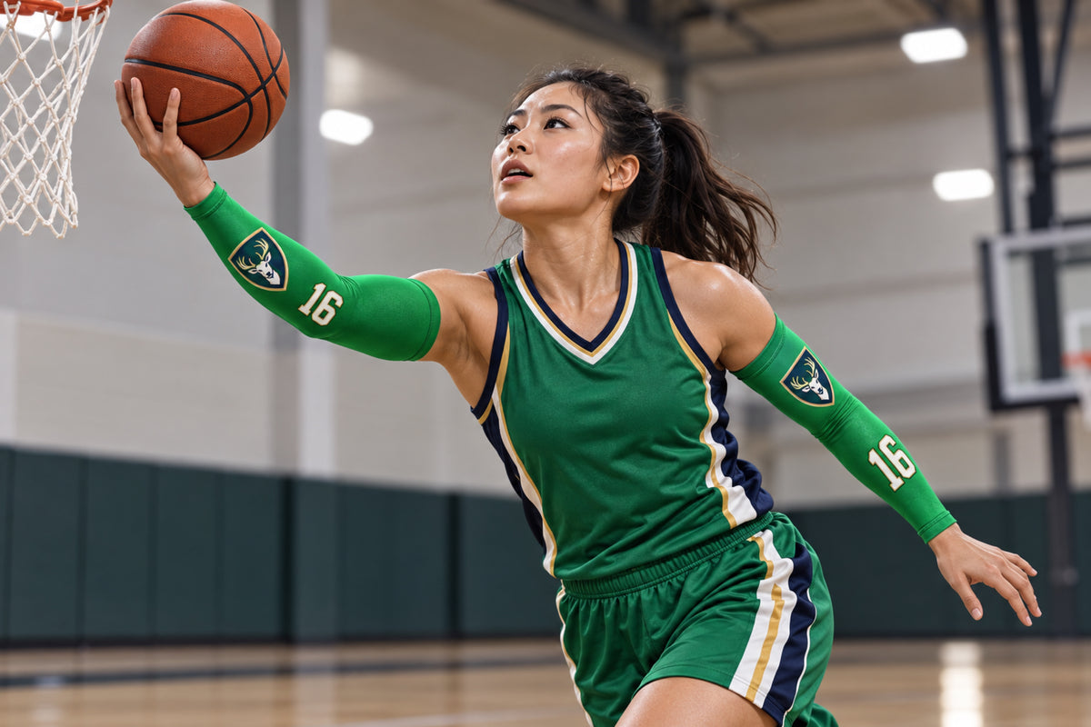 Basketball player extending for a layup in Kelly Green custom arm sleeves with a stag crest and number 16