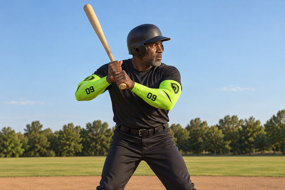 Baseball batter loading in the stance in Lime Green custom arm sleeves with a gecko crest and number 09