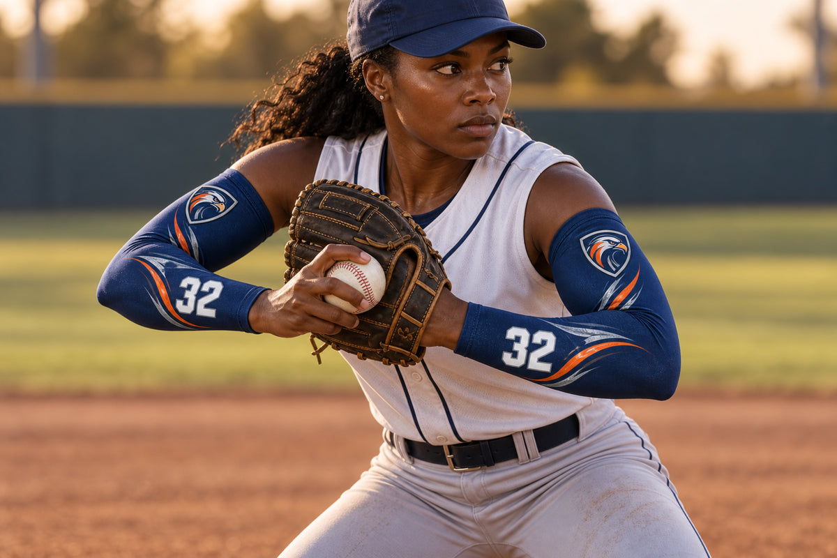 Baseball infielder moving the ball from glove to hand in Navy custom arm sleeves with a hawk crest and number 32