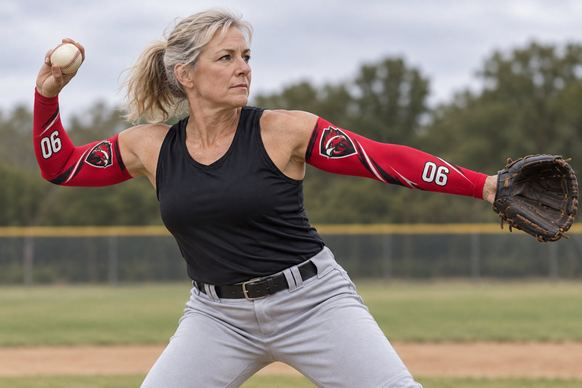 Outfielder making a throw in Red custom arm sleeves with a hawk crest and number 06