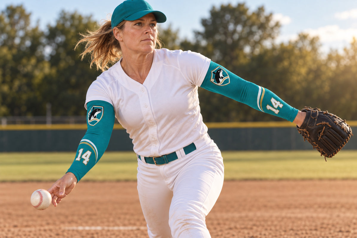 Softball pitcher releasing a windmill pitch in Teal custom arm sleeves with an orca crest and number 14