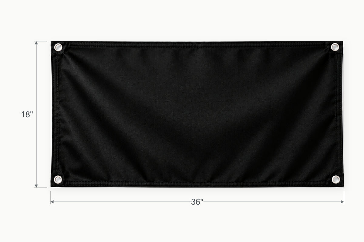 Blank black fabric banner. Vertical side arrow: 18 inches high. Horizontal side arrow: 36 inches wide.