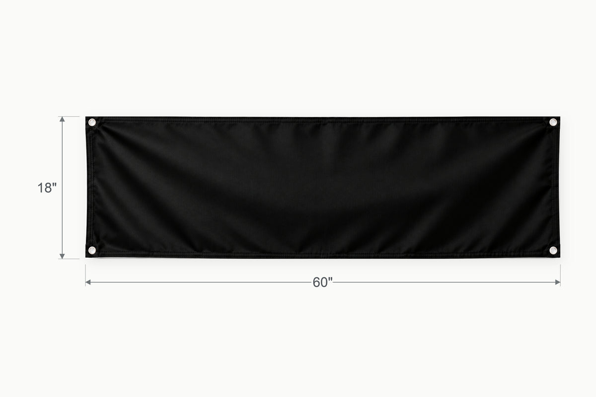 Blank black fabric banner. Vertical side arrow: 18 inches high. Horizontal side arrow: 60 inches wide.