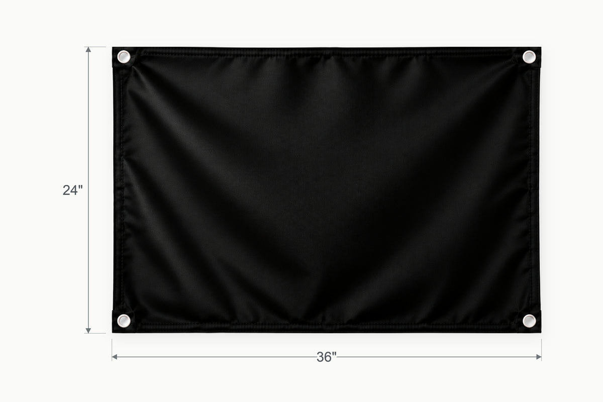 Blank black fabric banner. Vertical side arrow: 24 inches high. Horizontal side arrow: 36 inches wide.
