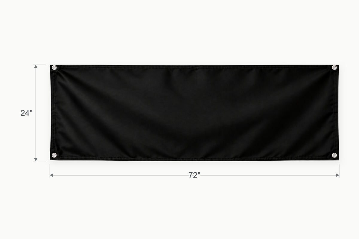 Blank black fabric banner. Vertical side arrow: 24 inches high. Horizontal side arrow: 72 inches wide.
