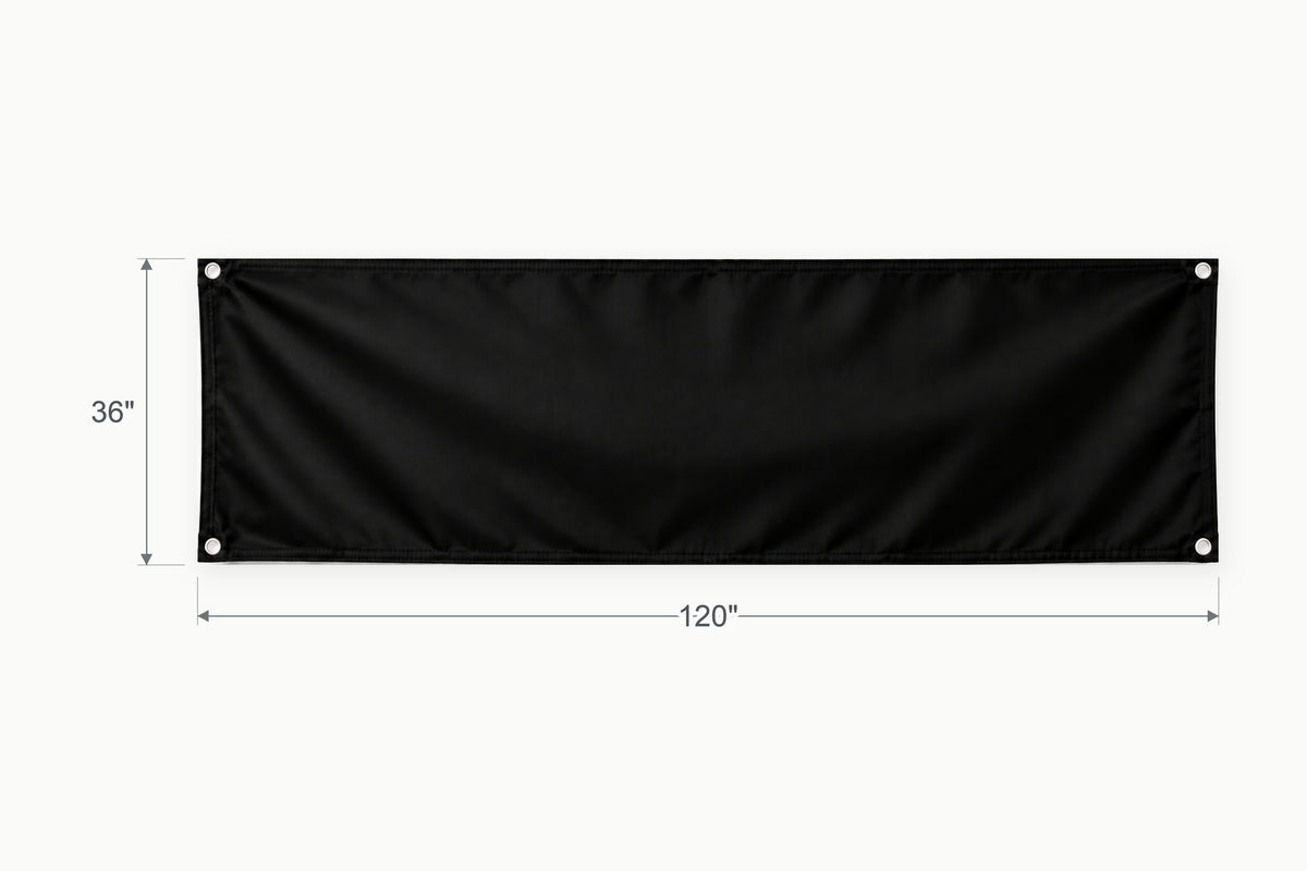 Blank black fabric banner. Vertical side arrow: 36 inches high. Horizontal side arrow: 120 inches wide.