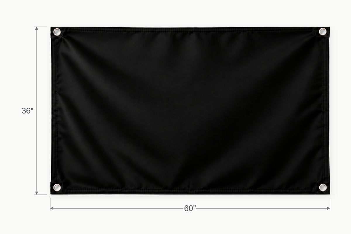 Blank black fabric banner. Vertical side arrow: 36 inches high. Horizontal side arrow: 60 inches wide.