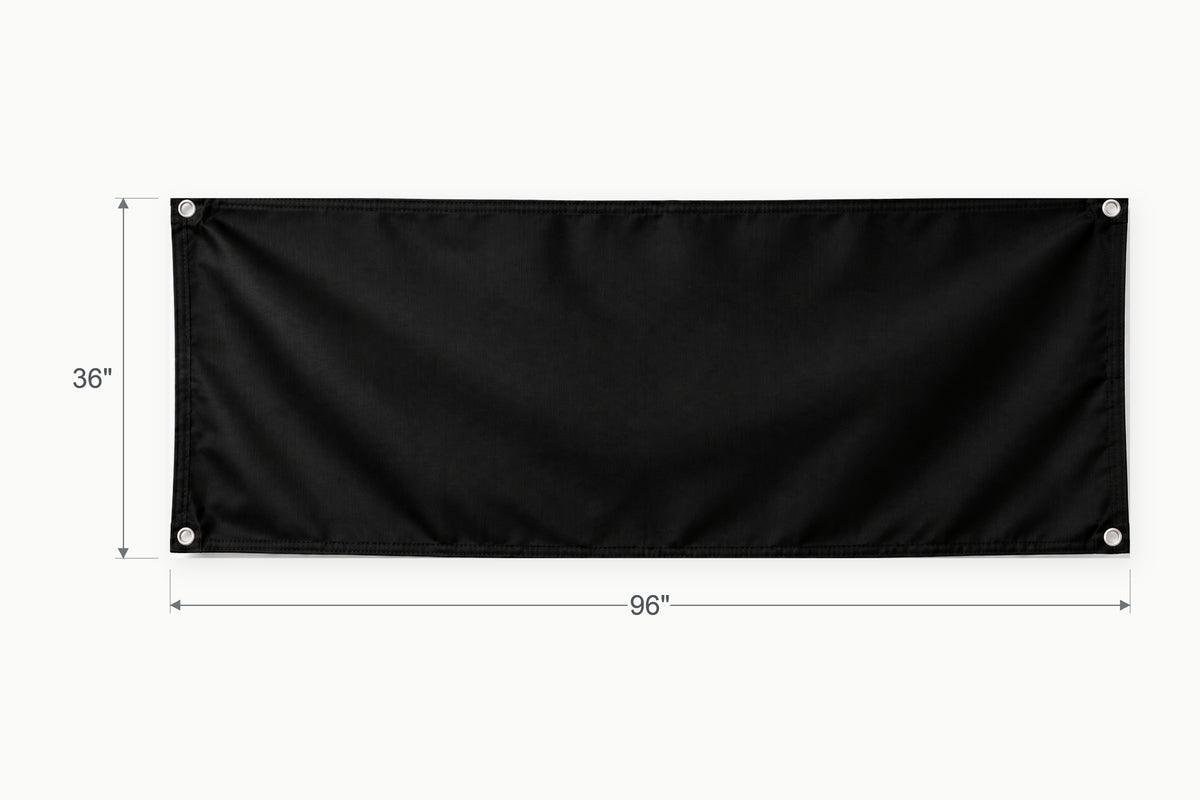 Blank black fabric banner. Vertical side arrow: 36 inches high. Horizontal side arrow: 96 inches wide.