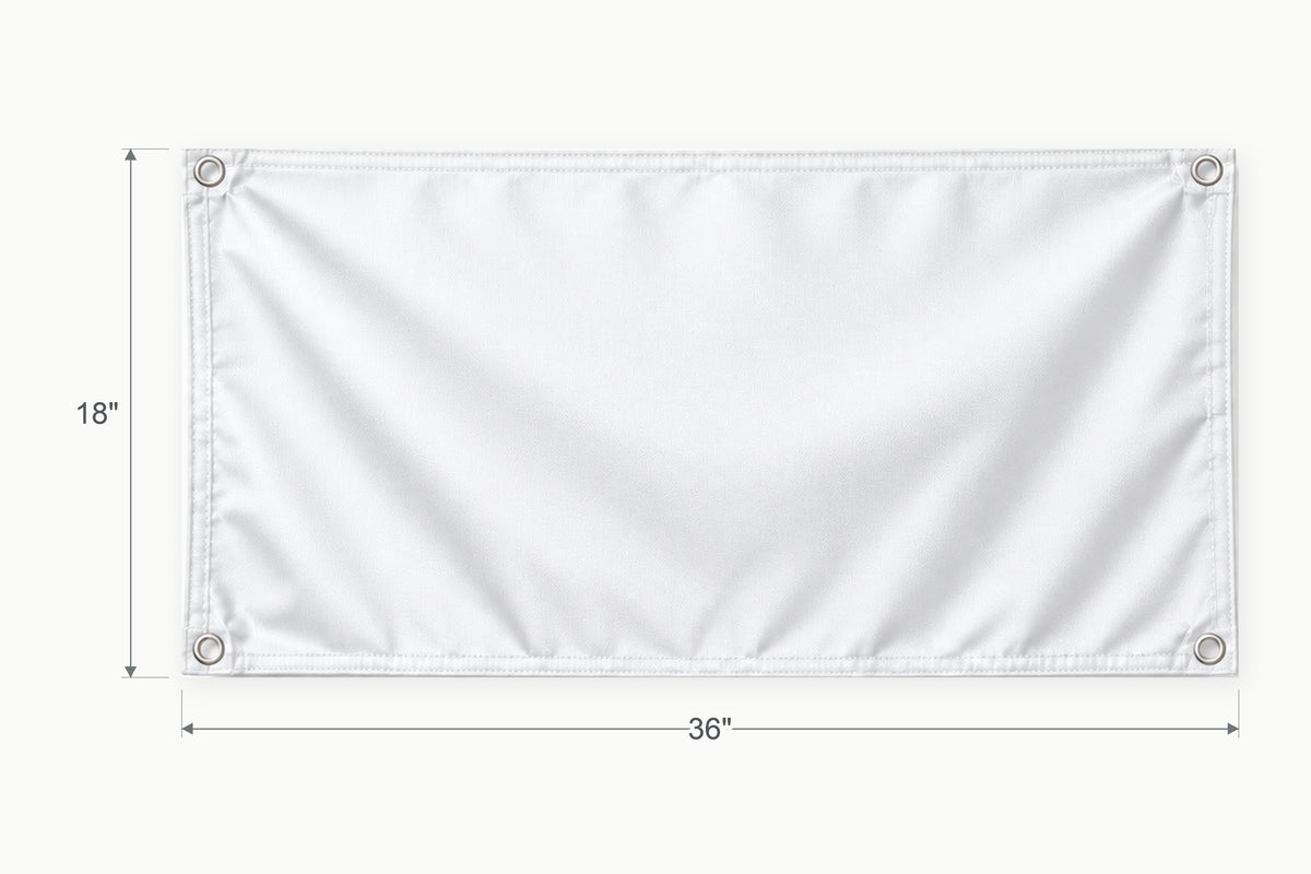 Blank white fabric banner. Vertical side arrow: 18 inches high. Horizontal side arrow: 36 inches wide.