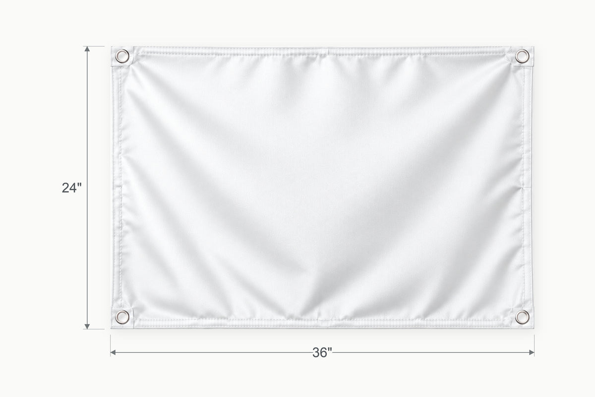 Blank white fabric banner. Vertical side arrow: 24 inches high. Horizontal side arrow: 36 inches wide.