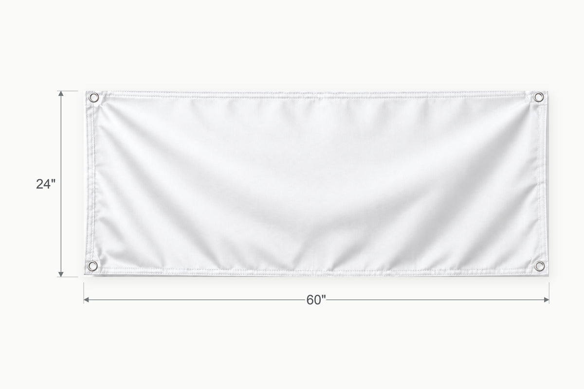 Blank white fabric banner. Vertical side arrow: 24 inches high. Horizontal side arrow: 60 inches wide.