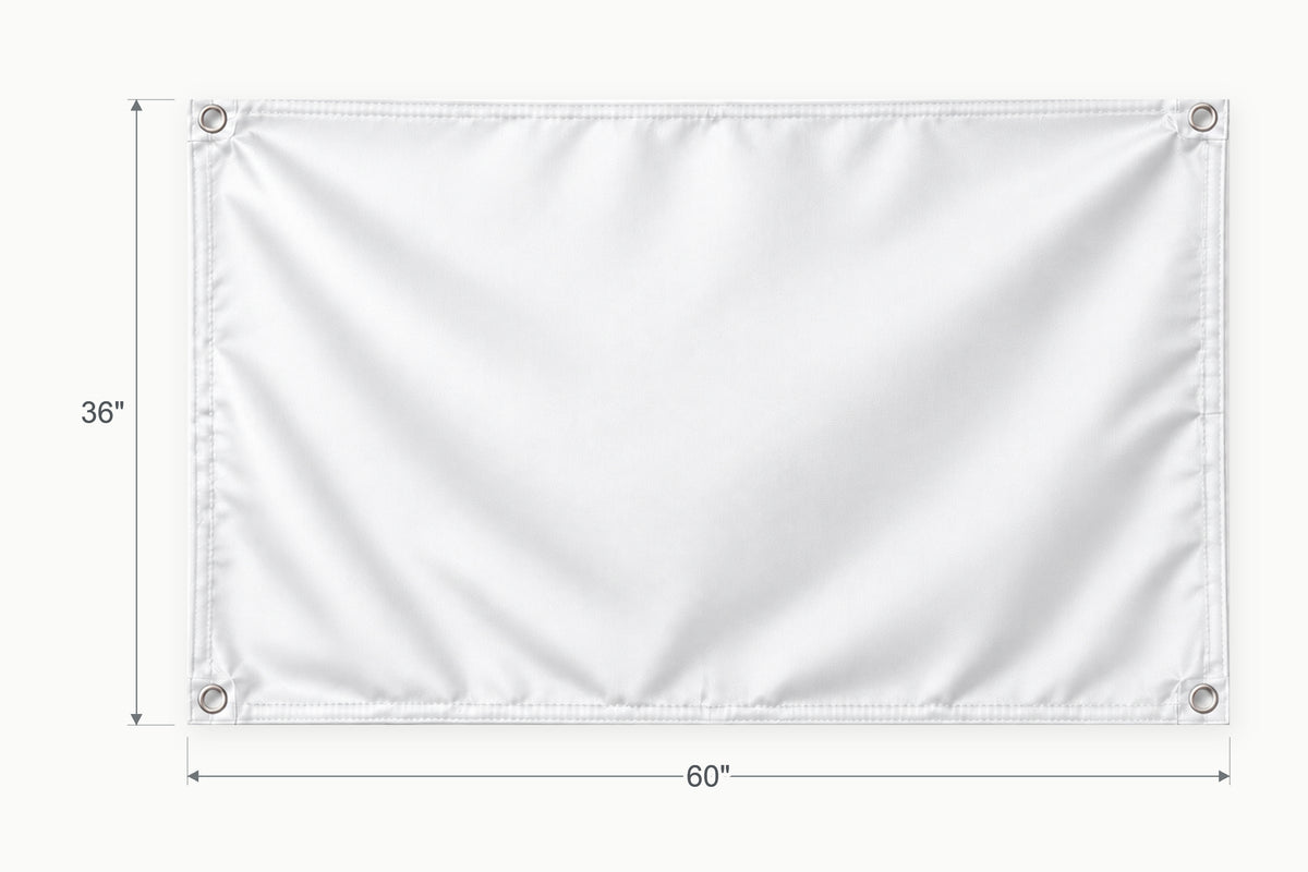 Blank white fabric banner. Vertical side arrow: 36 inches high. Horizontal side arrow: 60 inches wide.