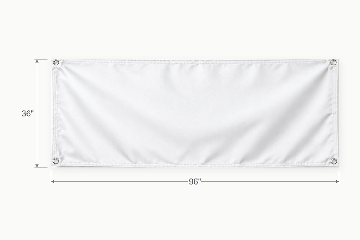 Blank white fabric banner. Vertical side arrow: 36 inches high. Horizontal side arrow: 96 inches wide.