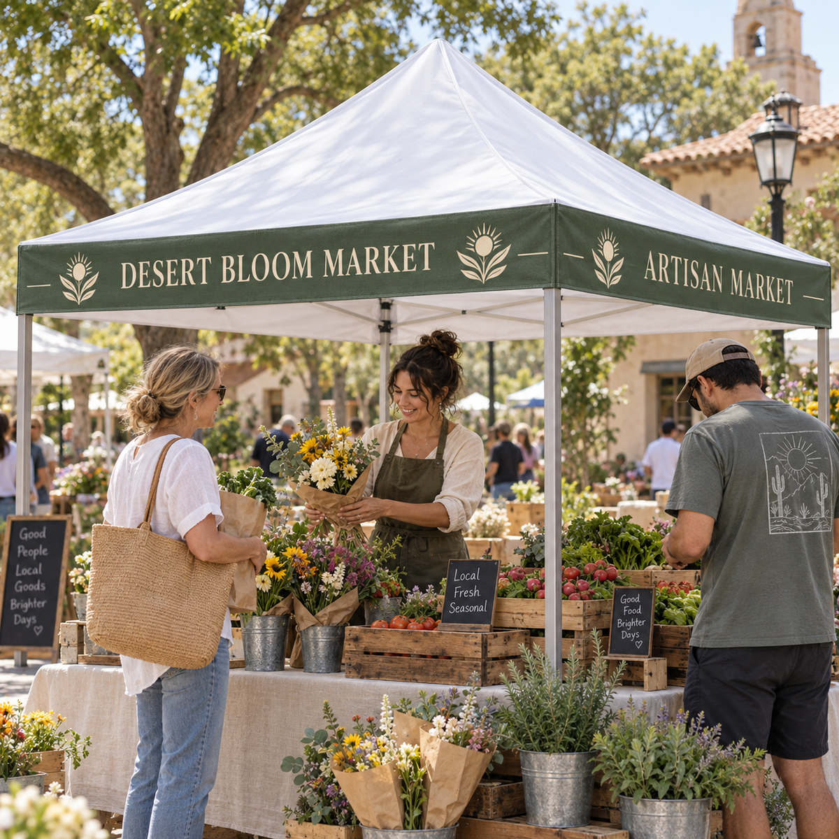 Illustrative artisan market with a sage 12-inch canopy wrap banner and shoppers