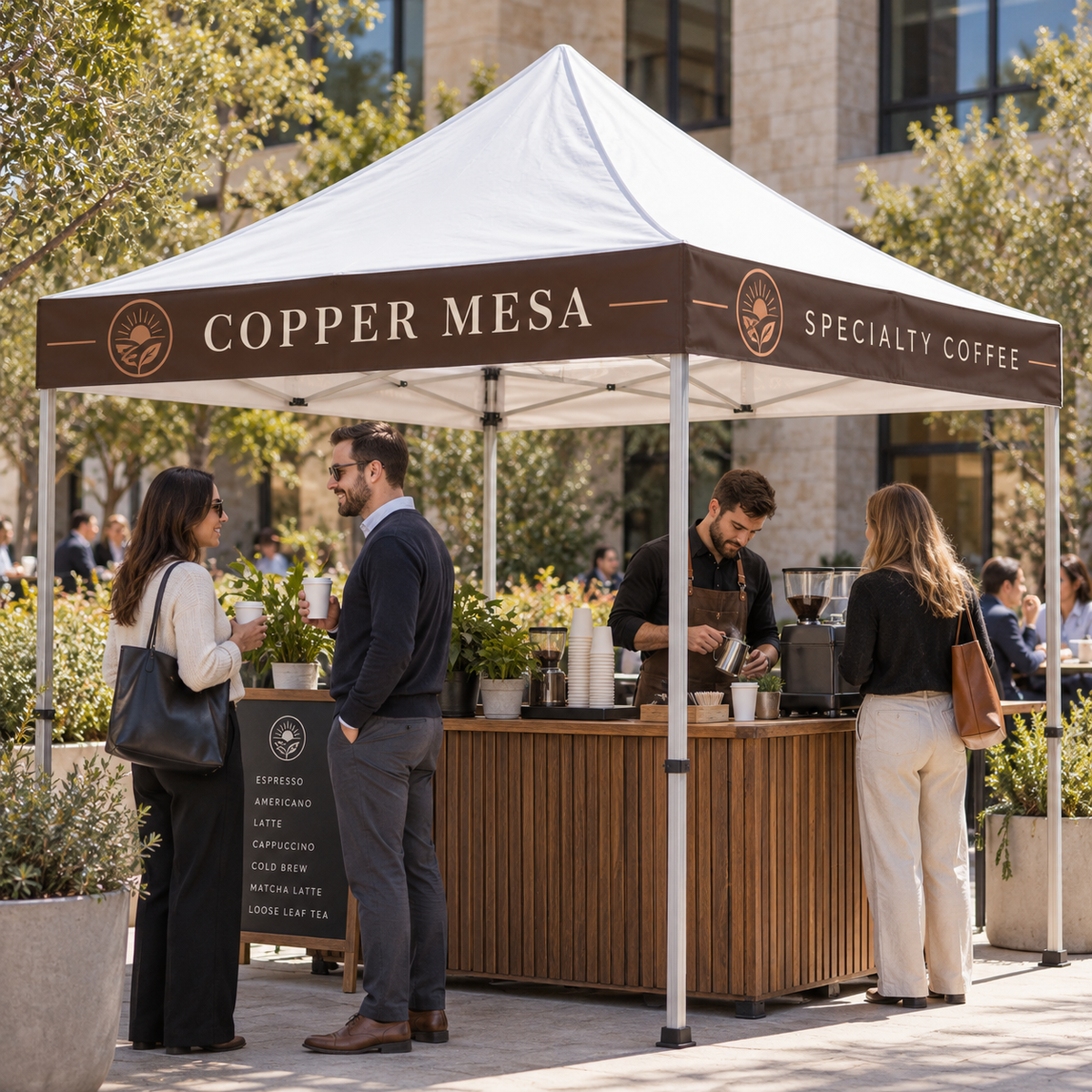 Illustrative coffee business event with a custom espresso-brown canopy wrap banner