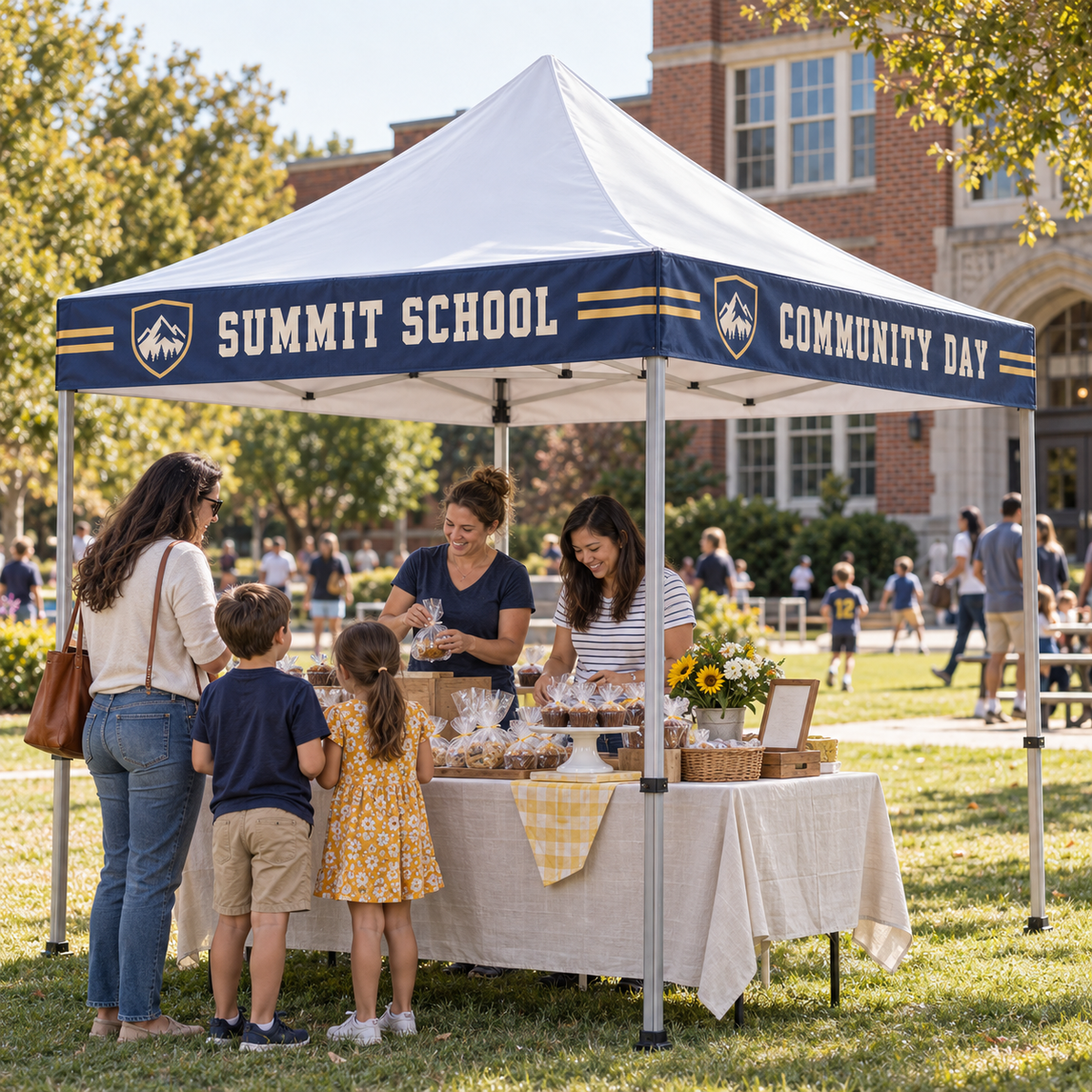 Illustrative school community event with a navy and gold custom canopy wrap banner and families