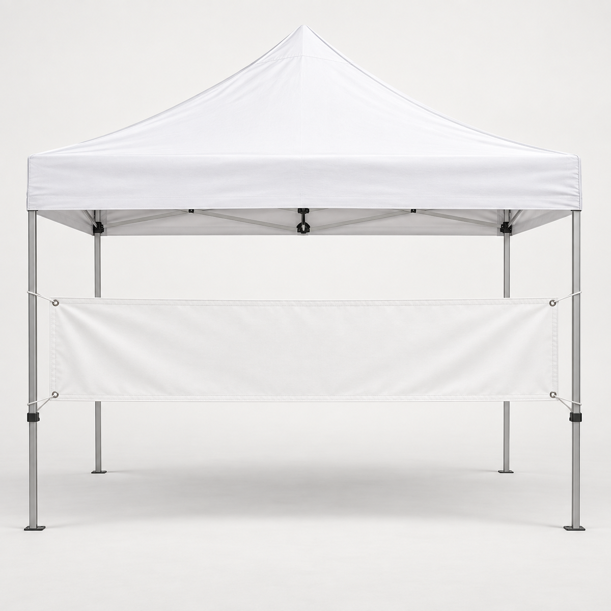 Illustrated product visualization: blank 24-inch-tall side banner suspended between the legs of a 10x10 canopy; banner only.