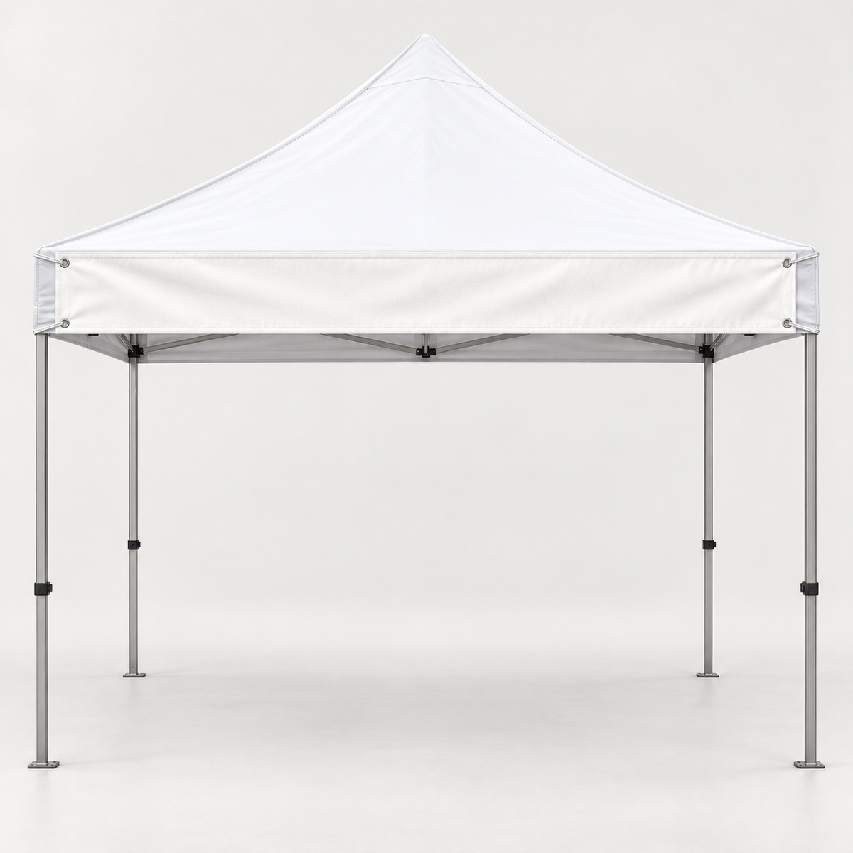 Illustrated product visualization: blank 12-inch-tall top banner on the front roof valance of a 10x10 canopy; banner only.