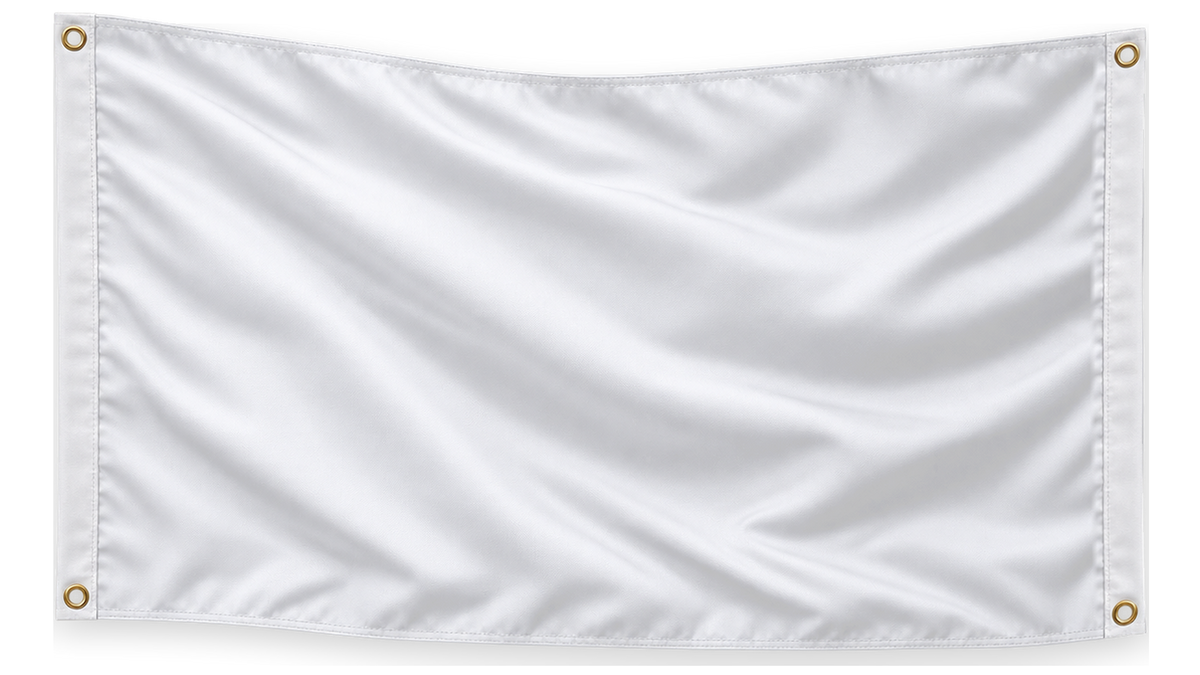 Blank White 5 feet wide by 3 feet tall flag with matching stitched side bands and four corner metal grommets