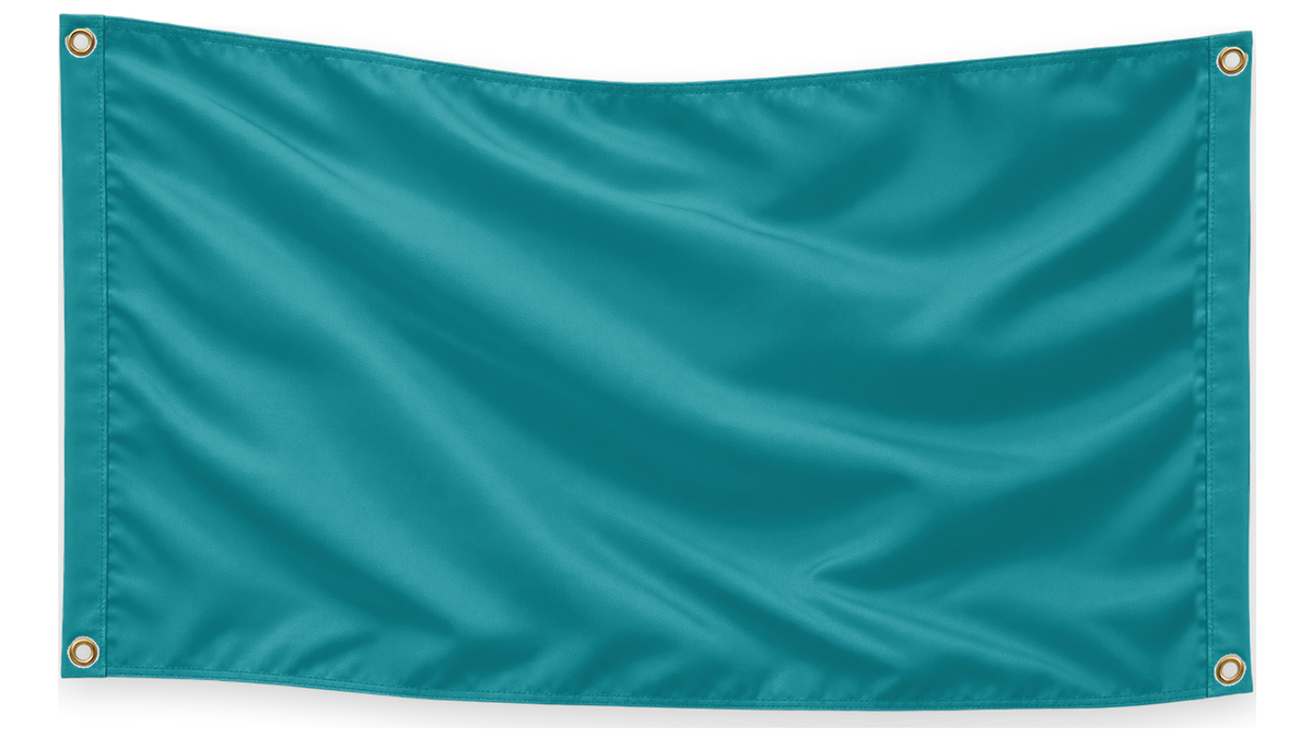 Blank Teal 5 feet wide by 3 feet tall flag with matching stitched side bands and four corner metal grommets