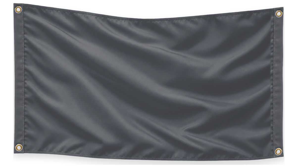 Blank Charcoal Gray 5 feet wide by 3 feet tall flag with matching stitched side bands and four corner metal grommets
