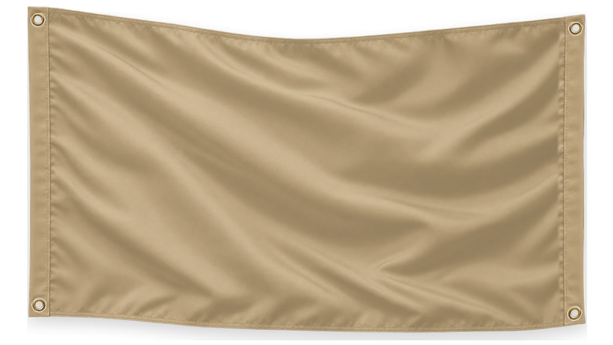 Blank Tan 5 feet wide by 3 feet tall flag with matching stitched side bands and four corner metal grommets