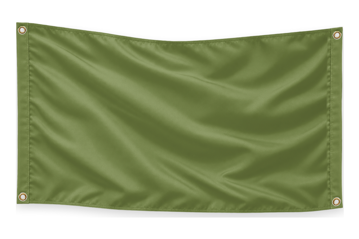 Blank Olive Green 5 feet wide by 3 feet tall flag with matching stitched side bands and four corner metal grommets