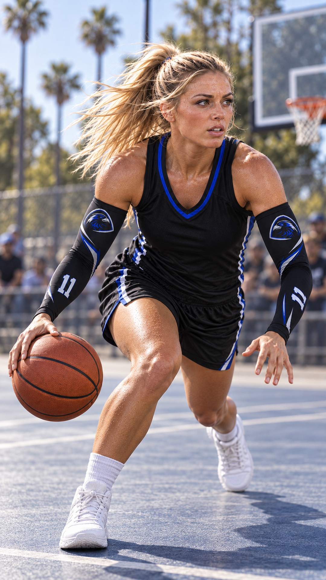Basketball player dribbling through a crossover in Black custom arm sleeves with a raven crest and number 11