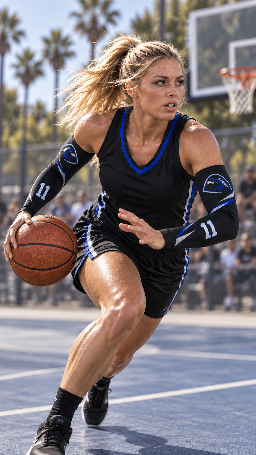 Basketball player driving to the basket in Black custom arm sleeves with a raven crest and number 11