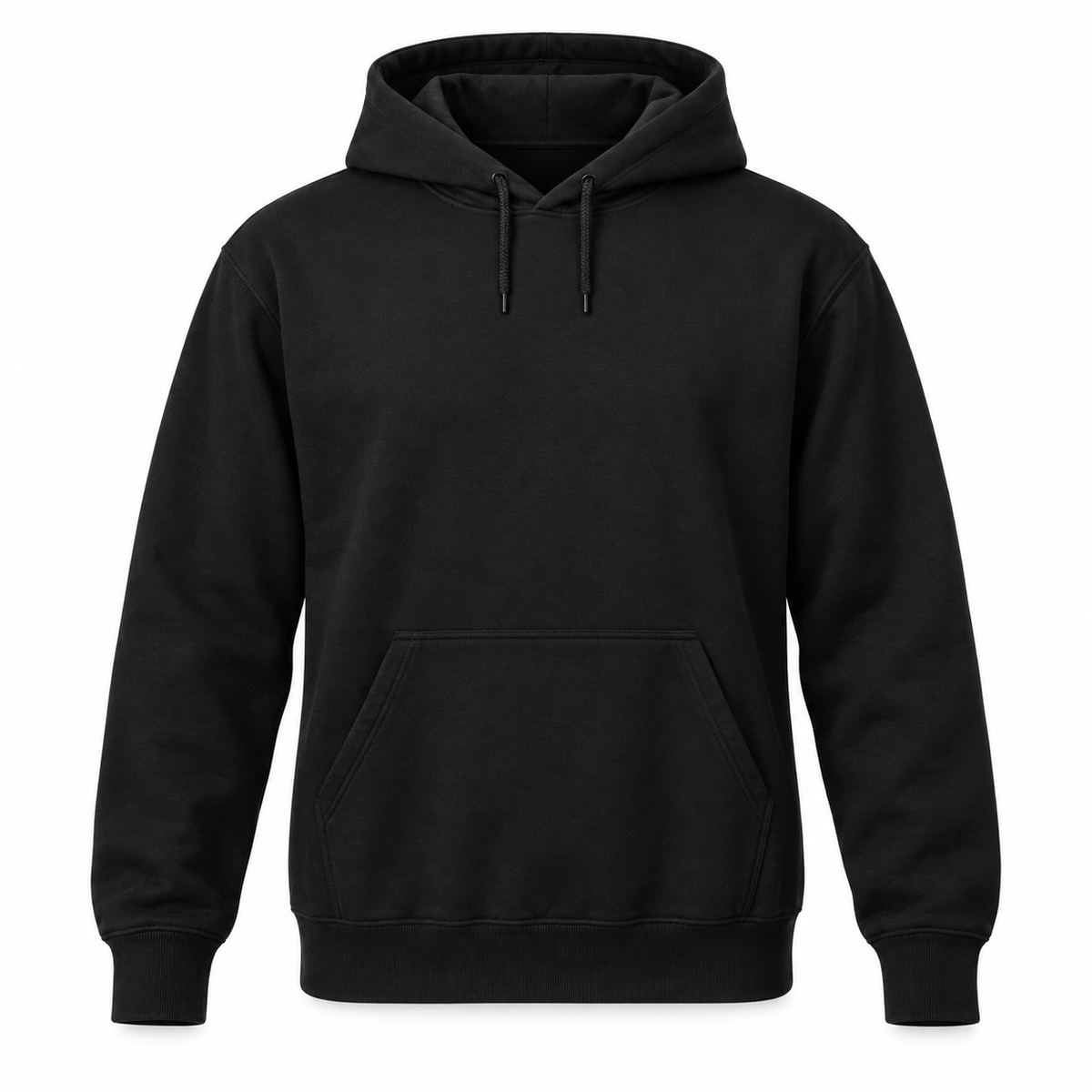 Blank black custom pullover hoodie — front view