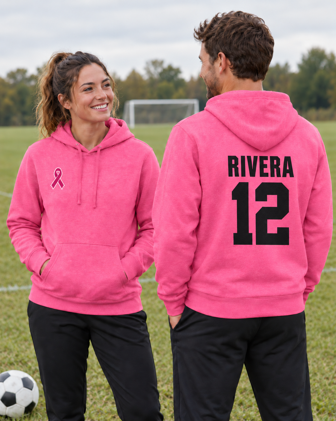 Custom Fleece Hoodie — Awareness Pink Heather — soccer campaign, pink front ribbon and RIVERA 12 athletic back print