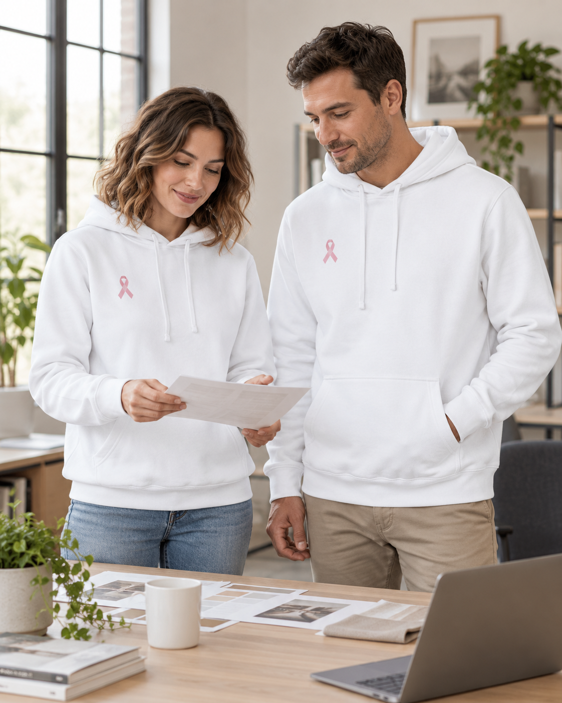Custom Fleece Hoodie — White — office campaign with everyone wearing White