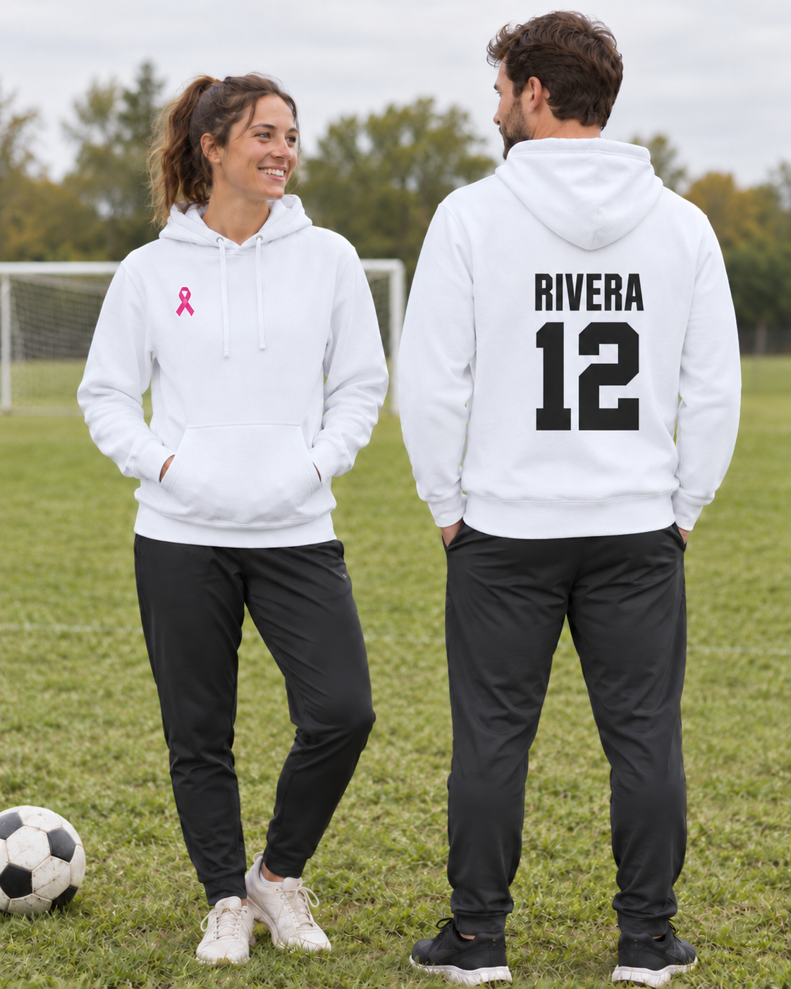 Custom Fleece Hoodie — White — soccer campaign, pink front ribbon and RIVERA 12 athletic back print