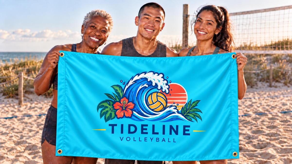 Illustrative campaign: adult volleyball teammates holding a customized multicolor aqua blue 3 by 5 Tideline flag at a beach court