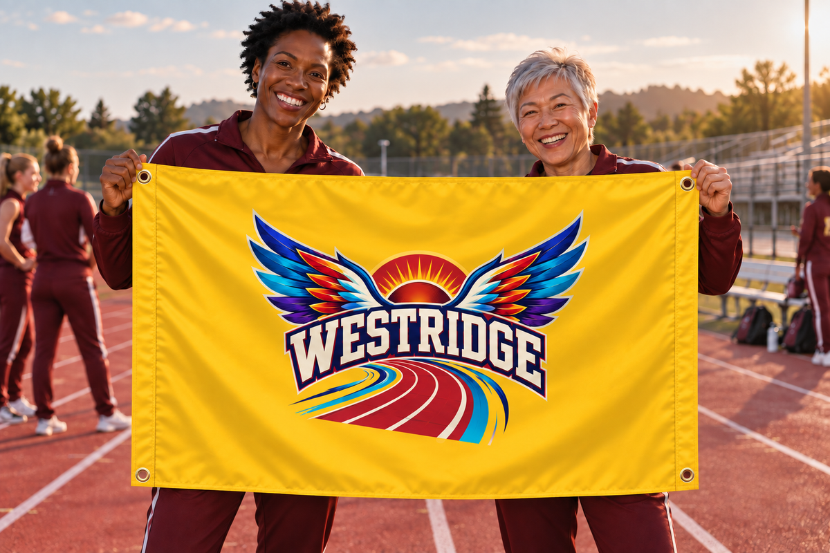 Illustrative campaign: adult athletes at a sporting event holding a customized athletic gold flag, 5 feet wide by 3 feet tall with vivid multicolor artwork and four corner grommets