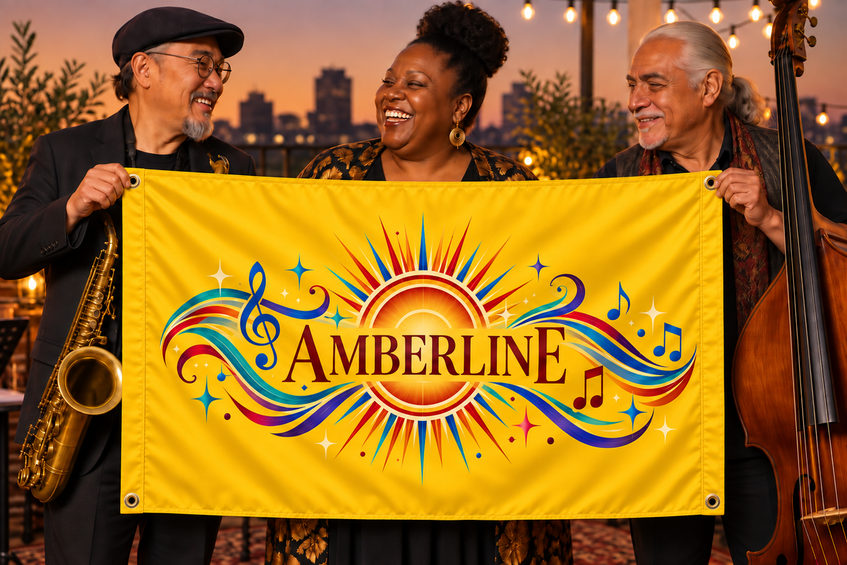 Illustrative campaign: adult musicians at a live music venue holding a customized athletic gold flag, 5 feet wide by 3 feet tall with vivid multicolor artwork and four corner grommets