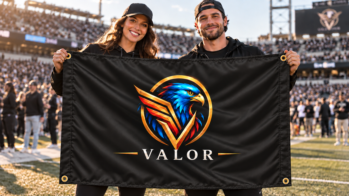 Illustrative campaign: VALOR stadium supporters with a richly customized Black flag, 5 feet wide by 3 feet tall, four metal corner grommets and reinforced side bands.