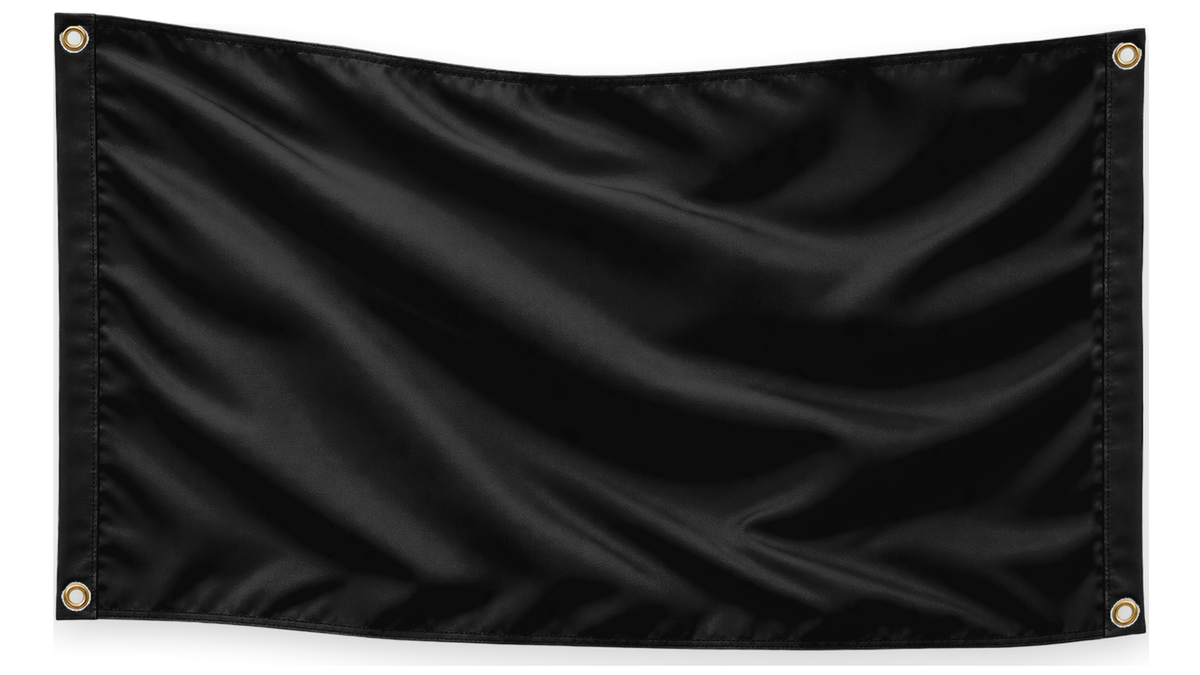 Blank Black 5 feet wide by 3 feet tall flag with matching stitched side bands and four corner metal grommets