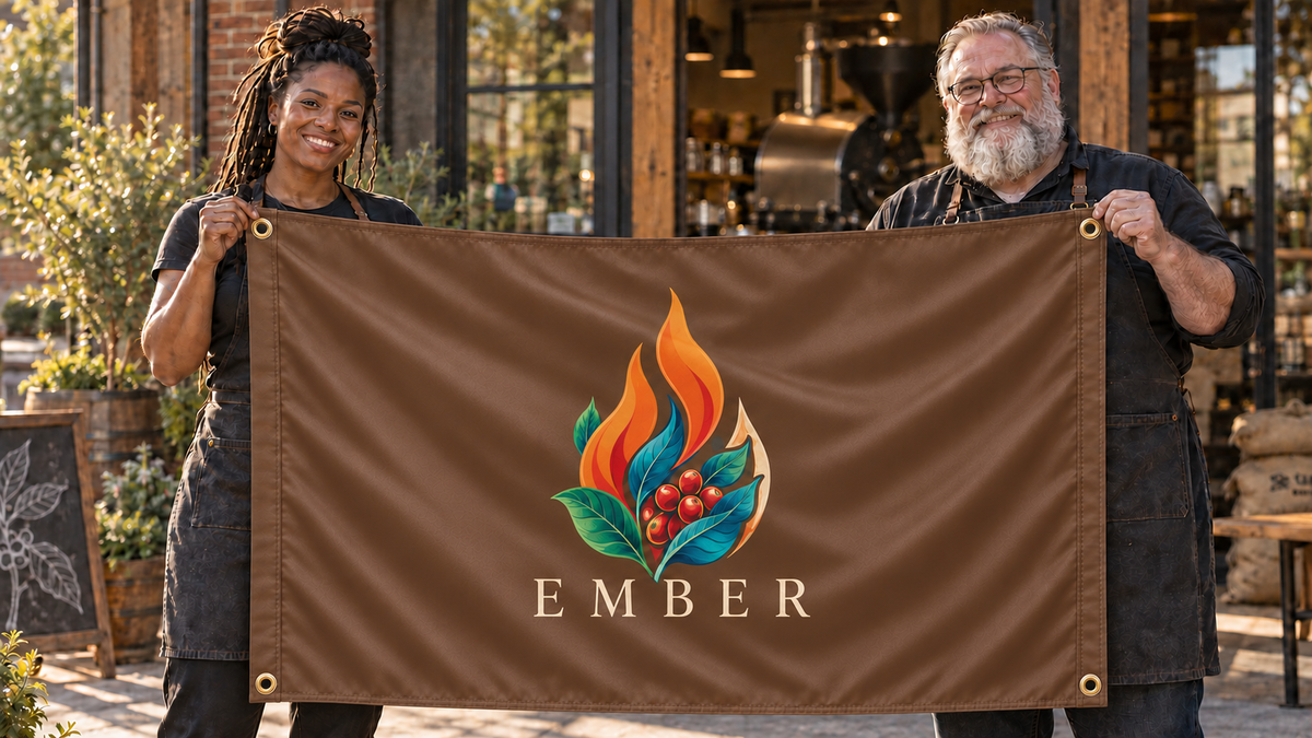 Illustrative campaign: EMBER coffee roasters with a richly customized Brown flag, 5 feet wide by 3 feet tall, four metal corner grommets and reinforced side bands.