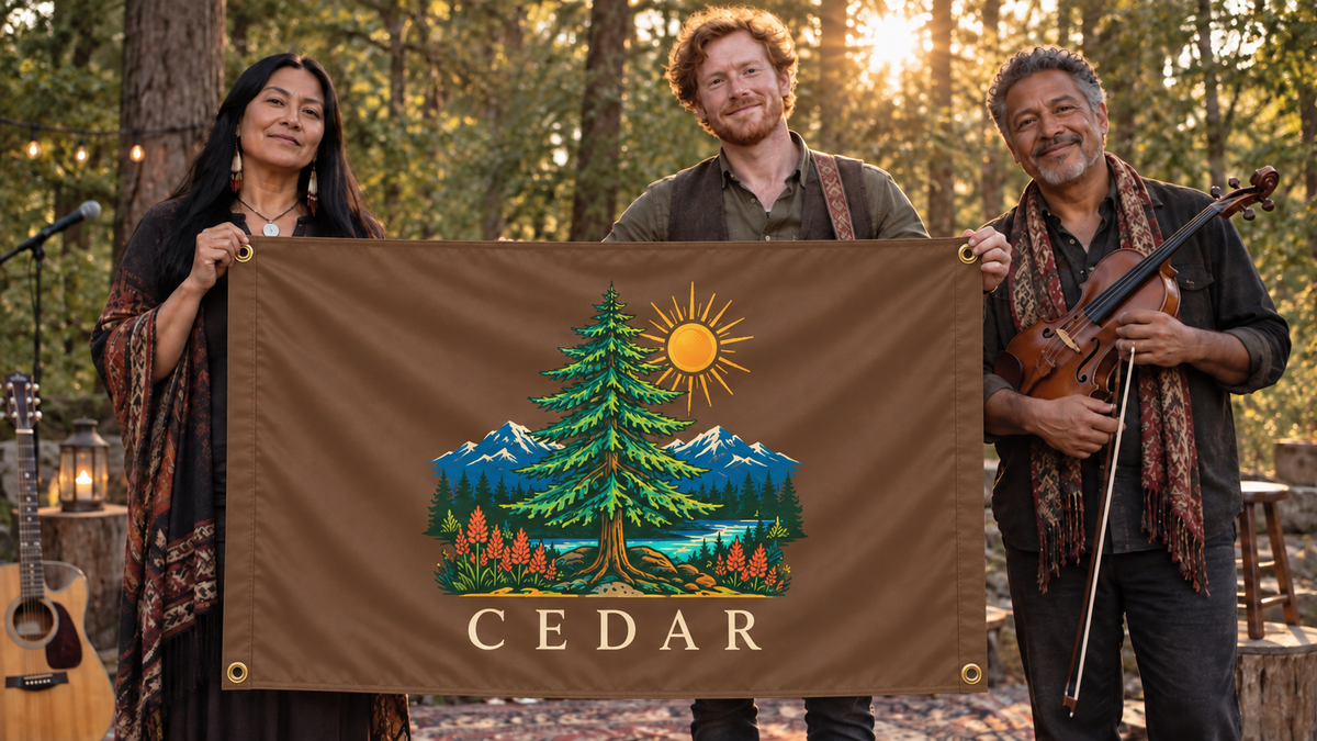 Illustrative campaign: CEDAR folk musicians with a richly customized Brown flag, 5 feet wide by 3 feet tall, four metal corner grommets and reinforced side bands.