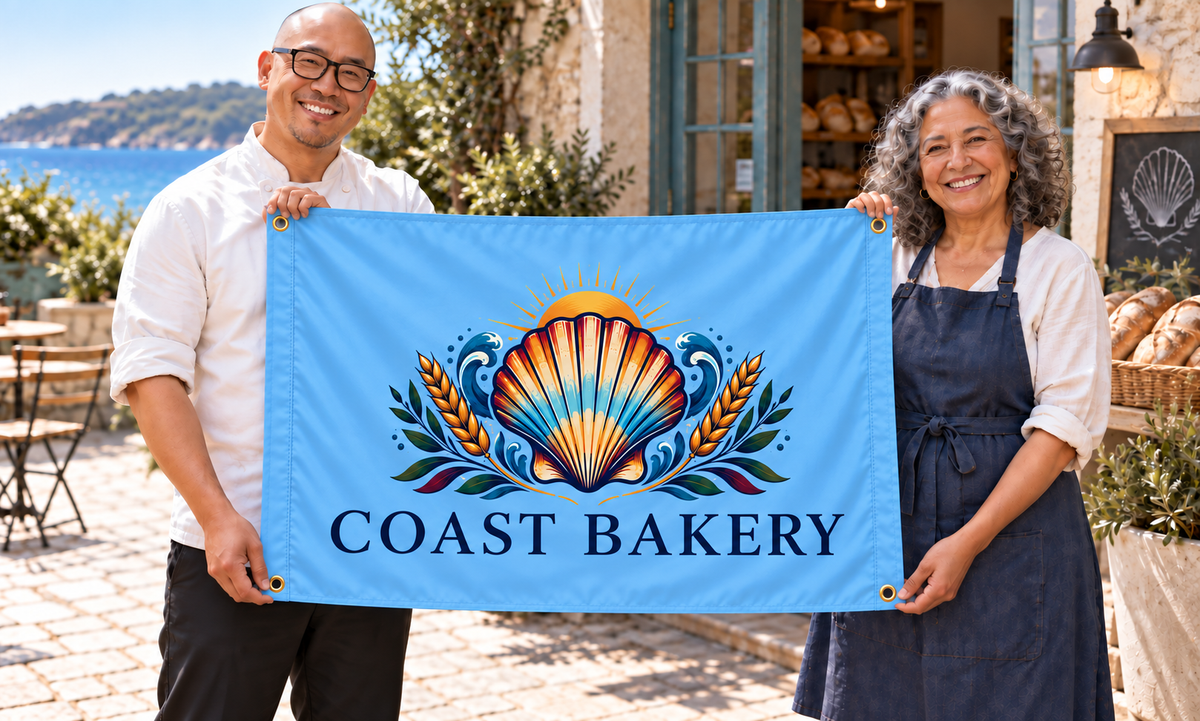 Columbia Blue customized 5 ft x 3 ft flag at a business event, with colorful original artwork, people, four corner grommets and matching stitched side bands
