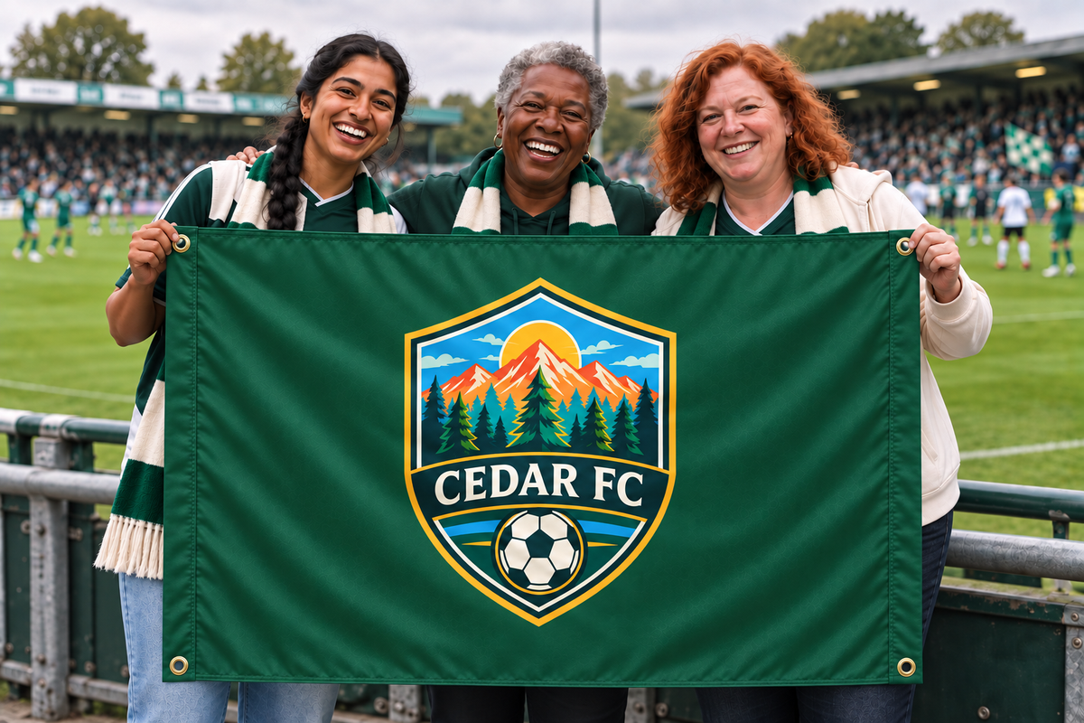 Illustrative campaign: adult athletes at a sporting event holding a customized forest green flag, 5 feet wide by 3 feet tall with vivid multicolor artwork and four corner grommets