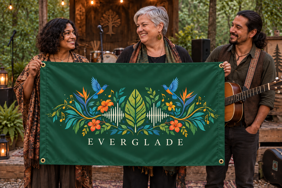 Illustrative campaign: adult musicians at a live music venue holding a customized forest green flag, 5 feet wide by 3 feet tall with vivid multicolor artwork and four corner grommets