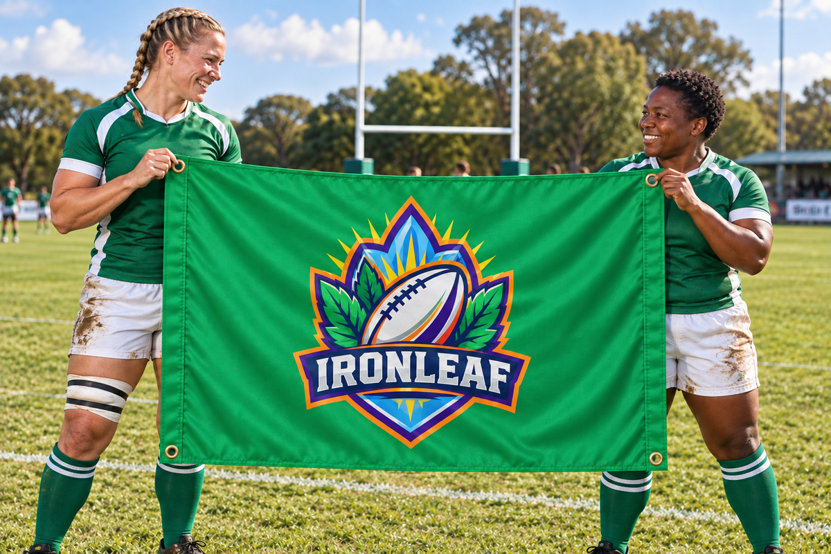 Illustrative campaign: adult athletes at a sporting event holding a customized kelly green flag, 5 feet wide by 3 feet tall with vivid multicolor artwork and four corner grommets