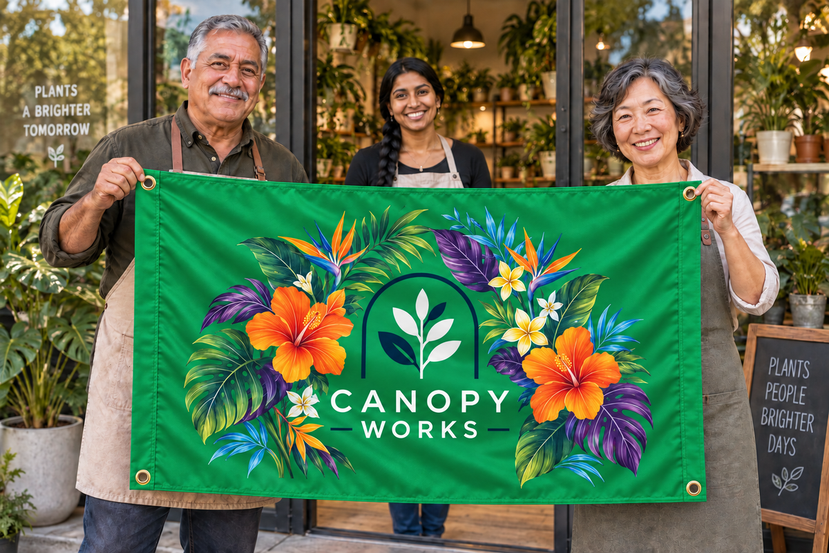 Illustrative campaign: adult business owners outside their workplace holding a customized kelly green flag, 5 feet wide by 3 feet tall with vivid multicolor artwork and four corner grommets