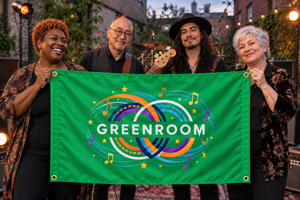Illustrative campaign: adult musicians at a live music venue holding a customized kelly green flag, 5 feet wide by 3 feet tall with vivid multicolor artwork and four corner grommets