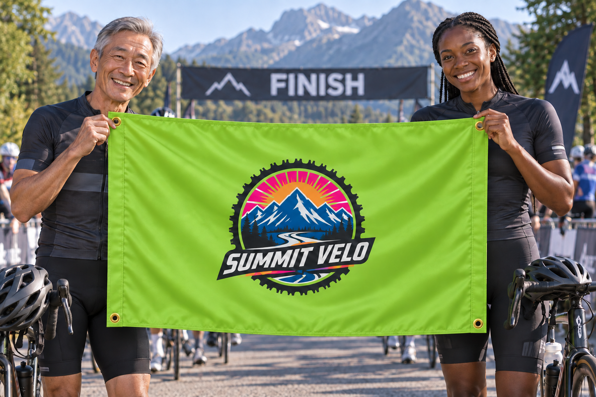 Illustrative campaign: adult athletes at a sporting event holding a customized lime green flag, 5 feet wide by 3 feet tall with vivid multicolor artwork and four corner grommets