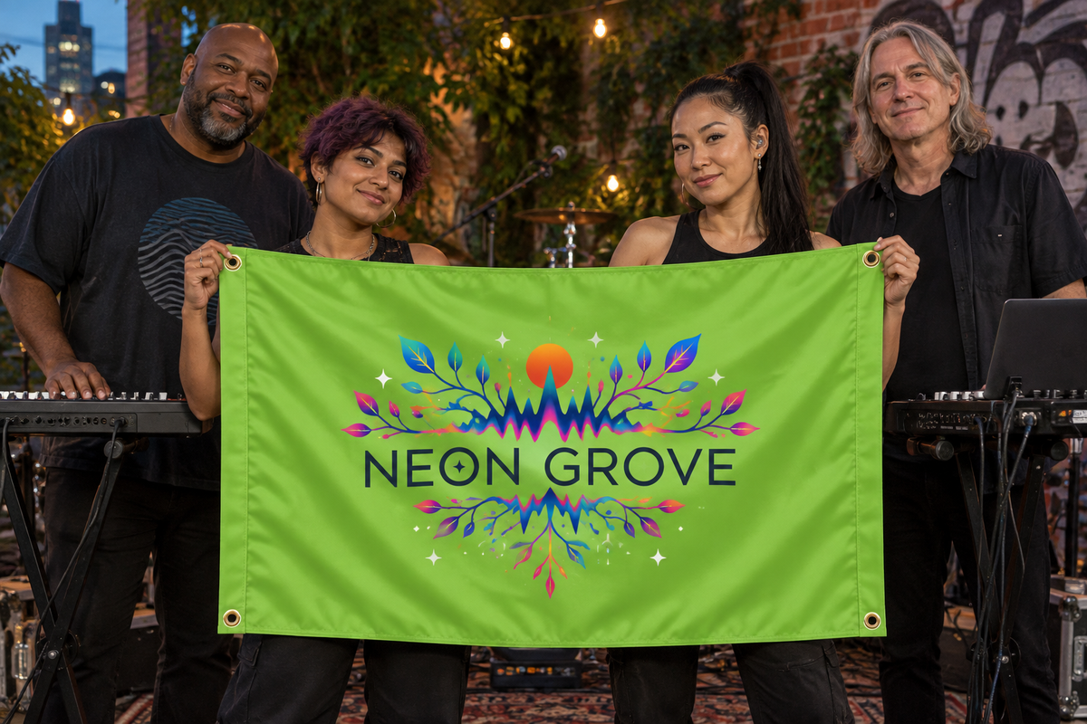 Illustrative campaign: adult musicians at a live music venue holding a customized lime green flag, 5 feet wide by 3 feet tall with vivid multicolor artwork and four corner grommets